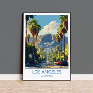 Los Angeles California Travel Poster, Hollywood Hills & Palm Street Scenic Artwork, Vibrant Wall Decor for Home, Studio & Office, Perfect Gift for Birthdays, Holidays & Travelers