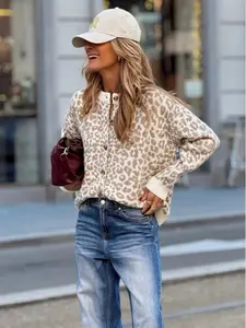 Women's Leopard Print Round Neck Cardigan, Casual Long Sleeve Crew Neck Cardigan for Fall & Winter, Fashion Ladies' Knitwear for Daily Wear