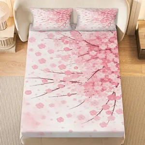 3Pcs Cherry Blossom Floral Elegant Fitted sheet Three Piece Set (1*Fitted Sheet+2*Pillowcases, Coreless), Spring theme, Flower Decor Bedding Set, Mattress protector Soft, Breathable