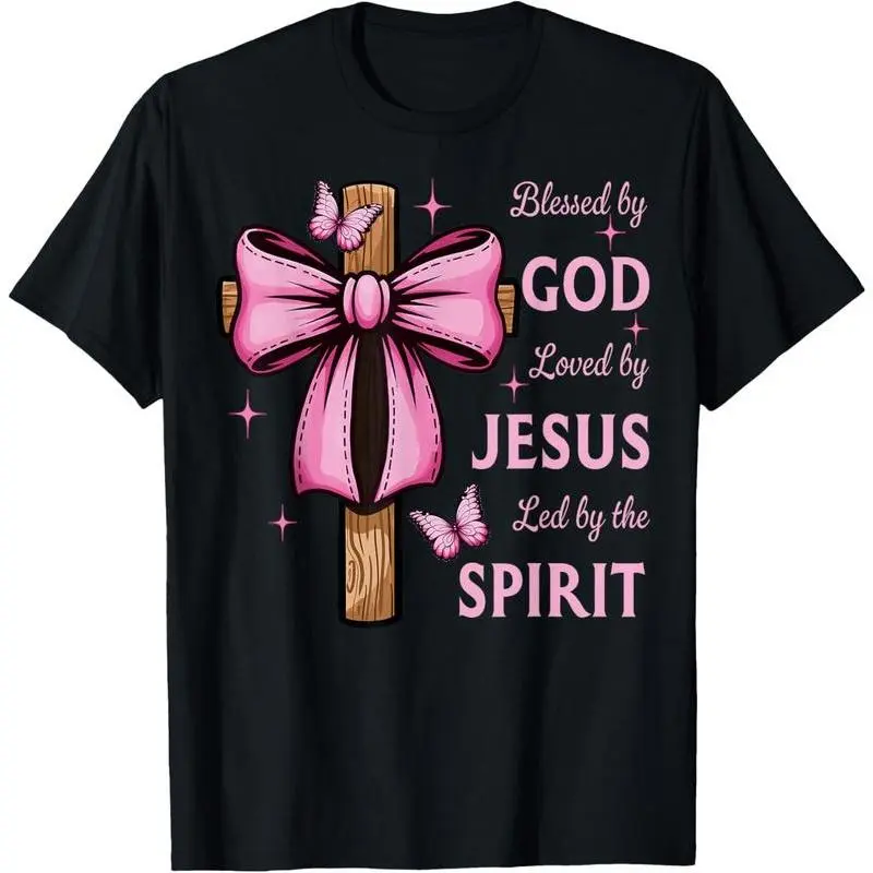 100% Cotton Blessed by God Loved by Jesus Pink Coquette Bow And Cross T-Shirt