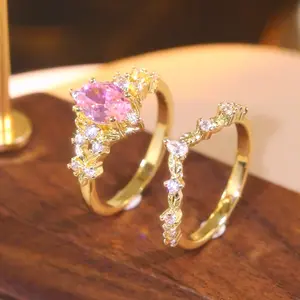 2-piece Set of Retro, Cute and Exquisite Stacked Pink Flower Synthetic Zircon Rings, Engagement and Wedding Rings, Valentine's Day and Christmas Gift Rings, Fashionable Accessories for Ladies and Girls