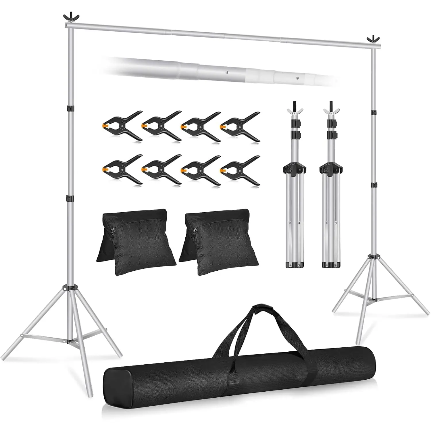Backdrop Stand 10x7ft(WxH) Photo Studio Adjustable Background Stand Support kit with 2 Crossbars, 8 Clamps, 2 Sandbags and Carry Bag for Parties, Events Decoration, Wedding, Photography -
