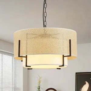 19.7'' Farmhouse Boho Chandelier,4-Light Hand Woven Rattan Pendant Light with Fabric Shade Rustic Drum Chandelier for Dining Room Kitchen Bedroom Foyer Entryway Living Room