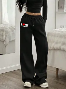 Sweet 'I Love My Boyfriend' Sweatpants, Adjustable Drawstring, Black Oversize High Waist Pants with Romantic, Geometric Design, Ideal for Sweet Trendsetters & Casual Style Admirers, Perfect for Cozy-Inspired Looks & Daily Wear