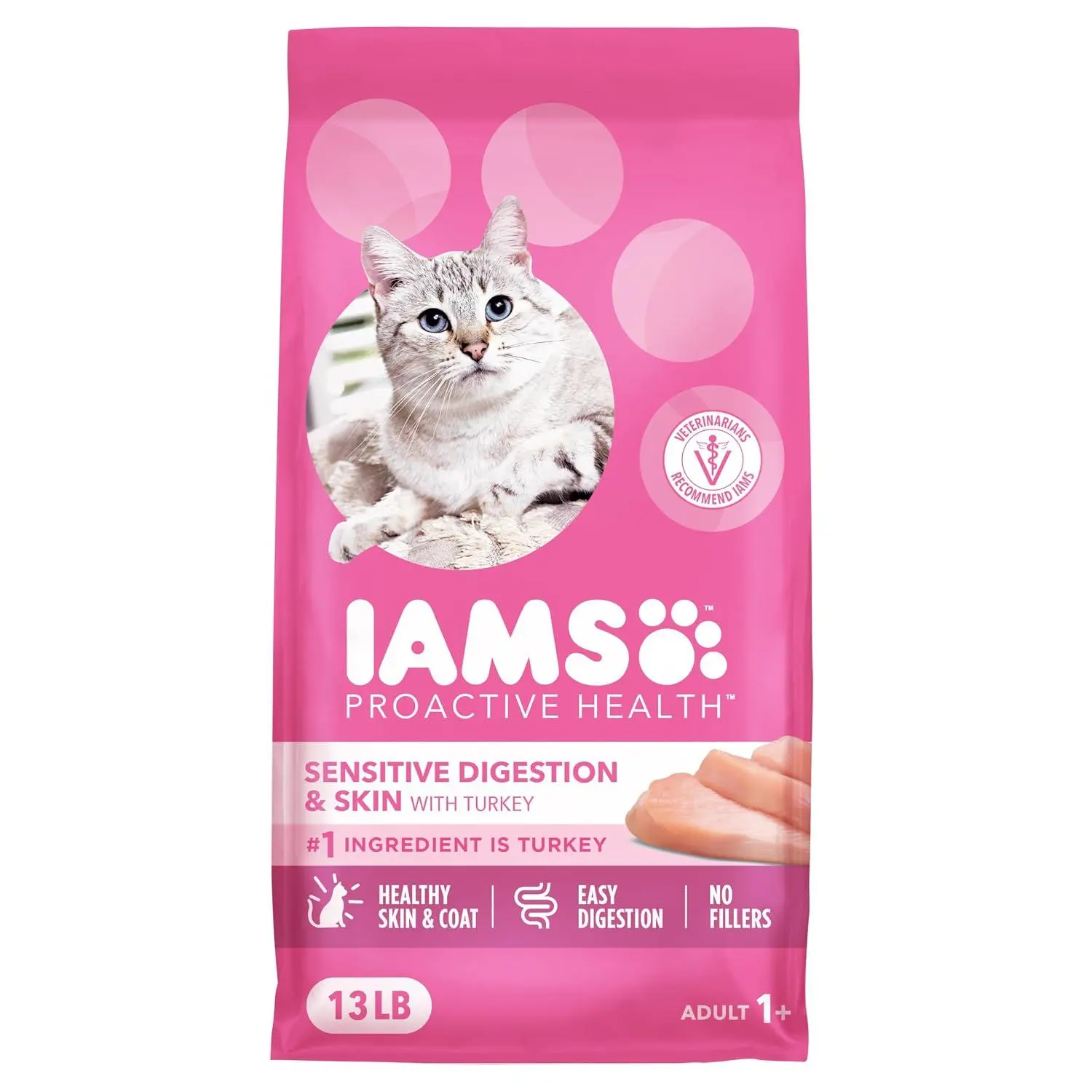 IAMS Proactive Health Sensitive Digestion Dry Cat Food, Turkey, 6 lb | Veterinarian-recommended, Real turkey #1 ingredient, prebiotics & fiber blend, Omega 6 & 3 for coat shine