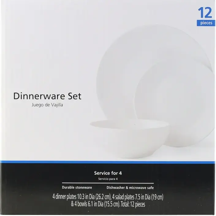 Glazed White Stoneware Dinnerware Set - 12-Pieces, Classic Design for Home Use Glazed White Stoneware Dinnerware Set - 12-Pieces, Classic Design for Home Use