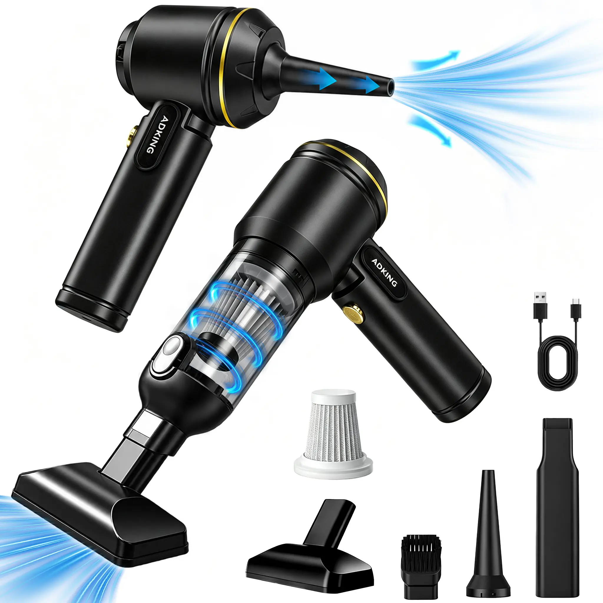 2-in-1 Cordless Handheld Vacuum & Air Duster, Portable Car Vacuum Cleaner with 6000 Pa Suction, High-Speed Motor, 1-Touch Dust Emptying, Multiple Nozzles for Car, Home, Pet Hair