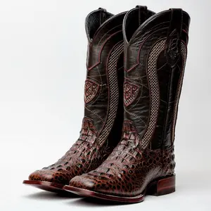 Brown Caiman Neck Leather Boots - Square Toe
