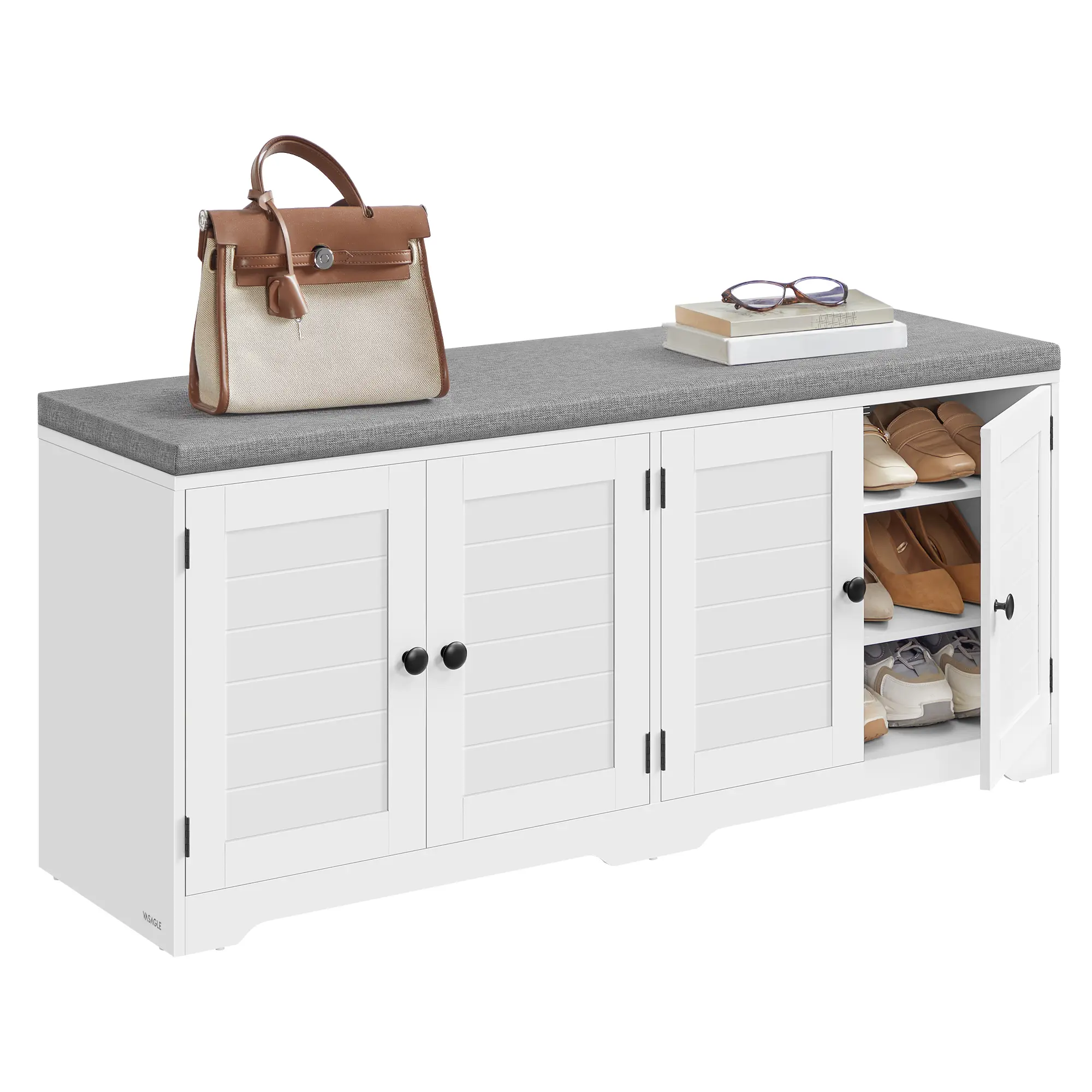 VASAGLE Modern Farmhouse Shoe Storage Bench with Cushion - 3-Tier Dual Purpose Hallway Furniture, Padded Seat, Doors, Adjustable Shelves, 300 lb Capacity, Built to Last, 14x47.6x20.7in, Assembly Required, for Hallway Bedroom, Entryway Seating