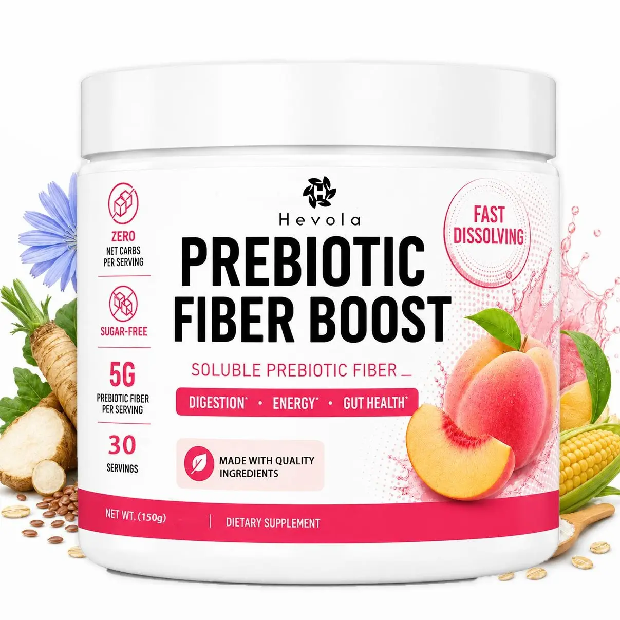 Dietary fiber powder (with prebiotics) that supports digestive health; soluble fiber promotes gut health and helps relieve bloating. Suitable for keto and vegan diets; gluten-free and sugar-free. Contains 30 servings