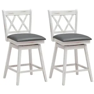 COSTWAY Wood Bar Stools Set of 2, 360° Swivel Barstools 25 Inch w/Backs, Upholstered Cushion & Footrest, Farmhouse Counter Height Bar Stools for Kitchen Island, Dining Room, Home, Pub, White/Black