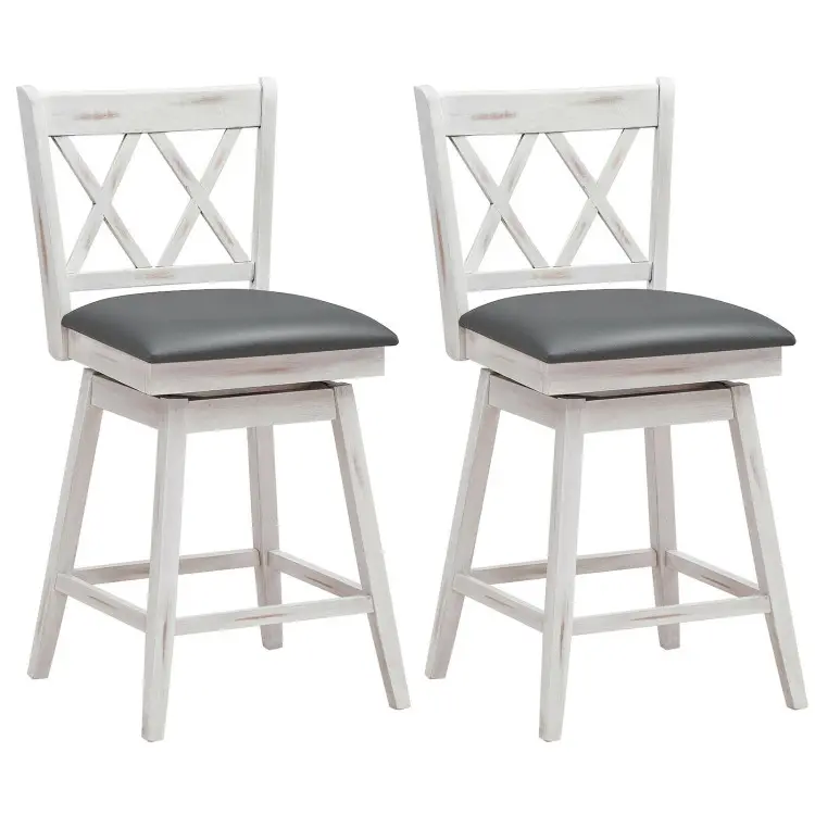 COSTWAY 360° Swivel Wood Bar Stools Set of 2,  Barstools 25 Inch w/Backs, Upholstered Cushion & Footrest, Farmhouse Counter Height Bar Stools for Kitchen Island, Dining Room, Home, Pub, White/Black