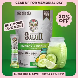 Salud 2-in-1 [Energy + Focus] Clean Energy Drink Mix, Agua Fresca,  Organic Caffeine, B6 & B12, L-Theanine, Drink Packets, Non-GMO, Gluten Free, Vegan, Low Calorie, 1g Sugar (15 Servings)
