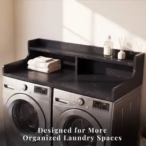 OMCHOM Washer Dryer Countertop with 3 Splicing Panels, 54" x 27" Wooden Washer and Dryer Countertop with Non-Slip Pads, Water-Resistant Laundry Topper for Laundry Room Organization and Storage, Black