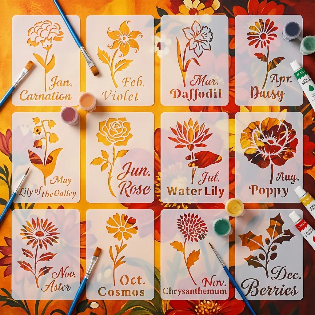 Set of 12 Floral Templates, Die Cuts, Monthly Flower Designs, Reusable for Art Projects, Canvas, Fabric, Diary, Cards, Home Decor Gifts