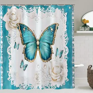 Elegant Butterfly & Floral Shower Curtain Set, Bathroom Shower Equipment, Waterproof Polyester, Includes Hooks, Toilet Lid Cover, Mat, Home Decor, Holiday Gift, Home Goods, Bathroom Decoration Accessories