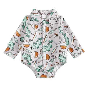 Infant Baby Boy Fishing Gentleman Outfit Cute Fish Print Romper Shirt Long Sleeve Button Down Bodysuit Jumpsuit