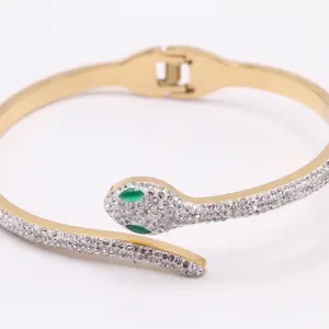 18k Gold Plated 316L Stainless Steel Snake Bangle with Green Stones and Gold Finish
