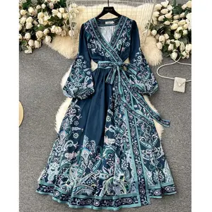 New Ethnic Stylish Long-Sleeve Printed Muslim Dress for Women – Vintage Dresses & Clothing