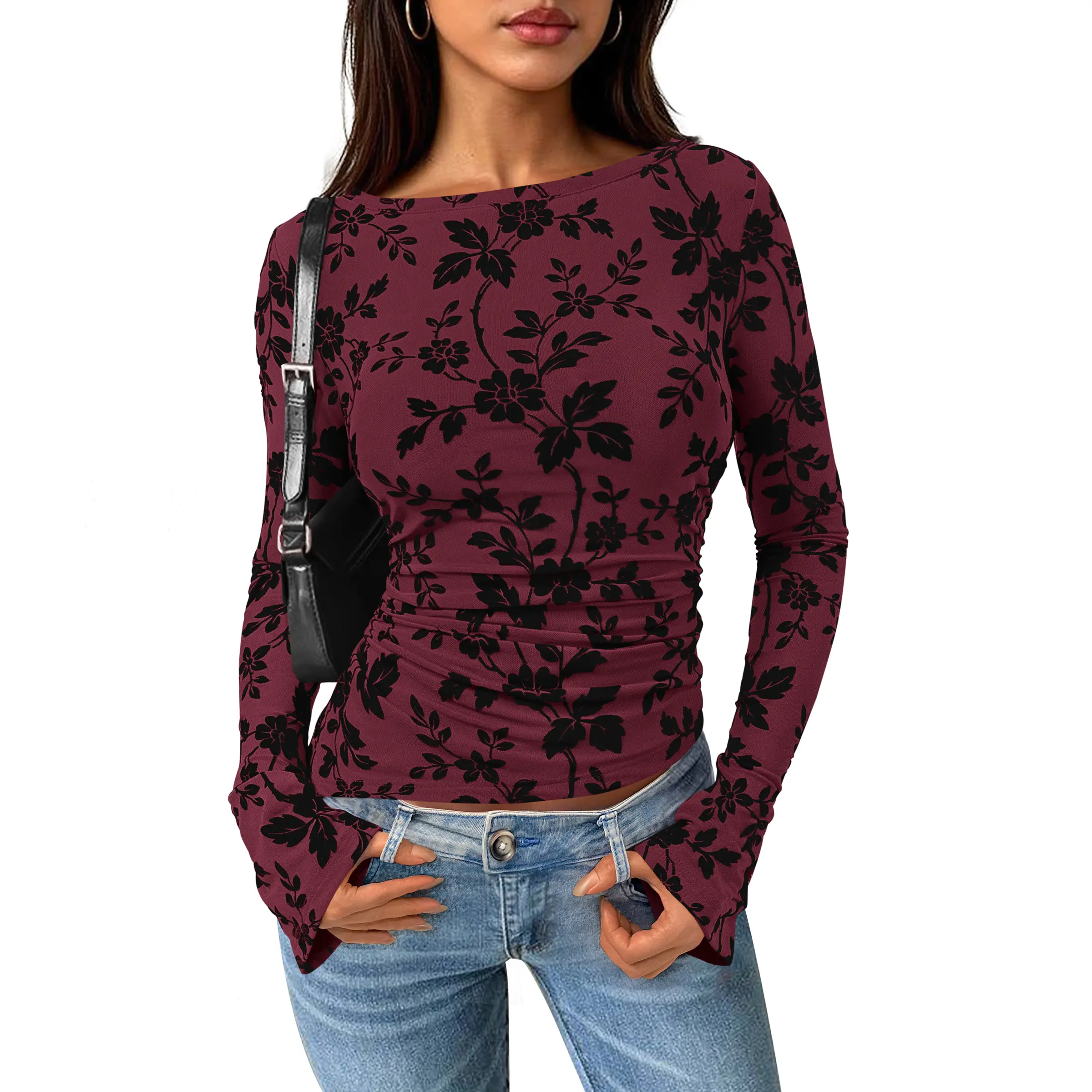 PrettyGarden Womens' Long Sleeve Floral Mesh Tops Blouse Spring&Fall Trendy Boat Neck Ruched Fitted Shirt Going Out Date Outfits