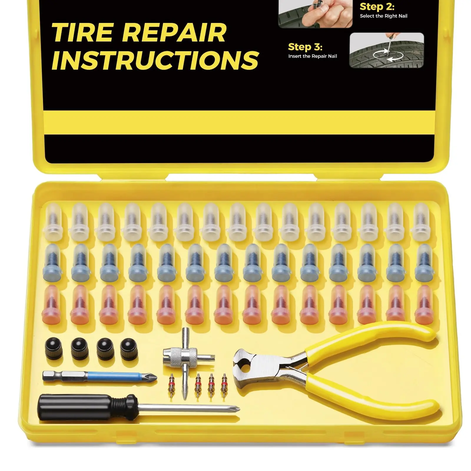 Tire Repair Kit with Tire Plug Screw Type, Heavy Duty Emergency Tool 58pcs Value Kit, Professional Flat Tire Puncture Repair Nail Kit for Car, Truck, Motorcycle, SUV, ATV, Tractor, and More
