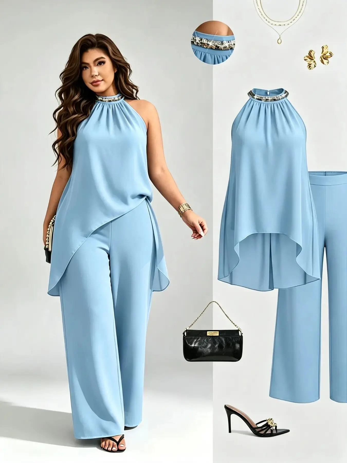 Luxury Party Style Plus Size Two-Piece Set, Ruched Halter Neck Sequin Top, Sleeveless Chiffon Blouse, Loose Fit Slimming Wide Leg Pants Set