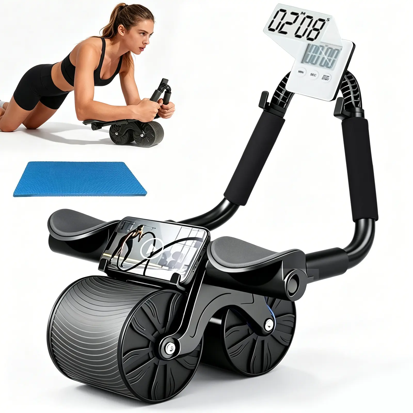 Homhut Ab Roller Wheel with Timer & Knee Mat, Automatic Rebound with Elbow Support, Core Strengthening Ab Workout Equipment for Women Men Beginners, 2/4 Wheels Option, Abdominal Fitness Wheel, Ab Core Trainer