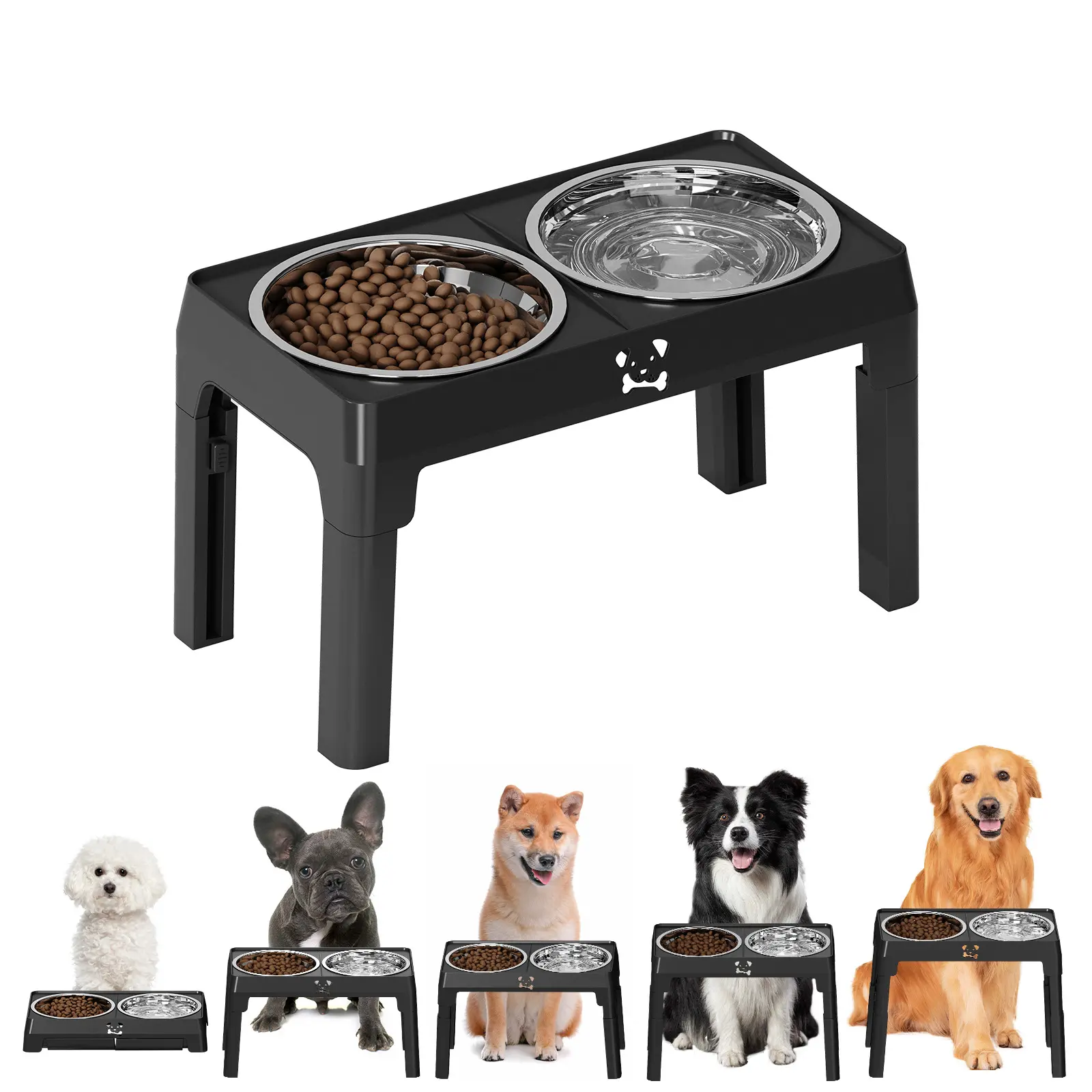 Adjustable height pet bowl stand with 2 stainless steel bowls - 3 height settings (low/medium/high), anti-slip base, foldable design, suitable for small and medium-sized dogs - Durable dog food station, promotes joint health, ideal for travel and hardwood