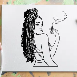 Canvas Sets - Puff and Paint Canvas with Brushes All Included - Artistic Sketch of a Woman with Curly Hair & Smoking Gesture
