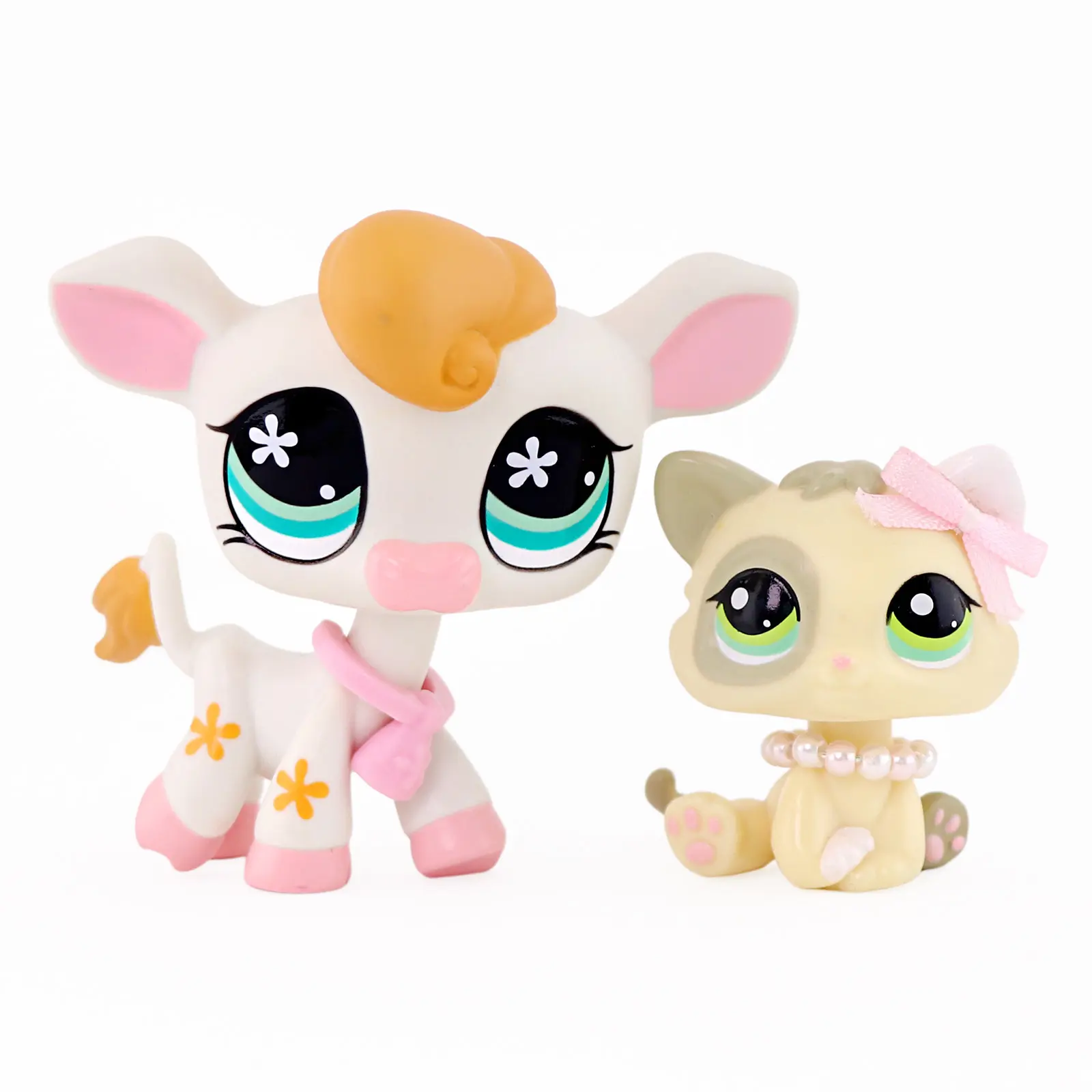 2 PCS Mini Compact Pet Figures Set - Cute Cartoon Cow & Kitten Animal Toy with Accessories, Collectible Figurines for Age 12+ Kids, Birthday Party Gift & Desk Decoration
