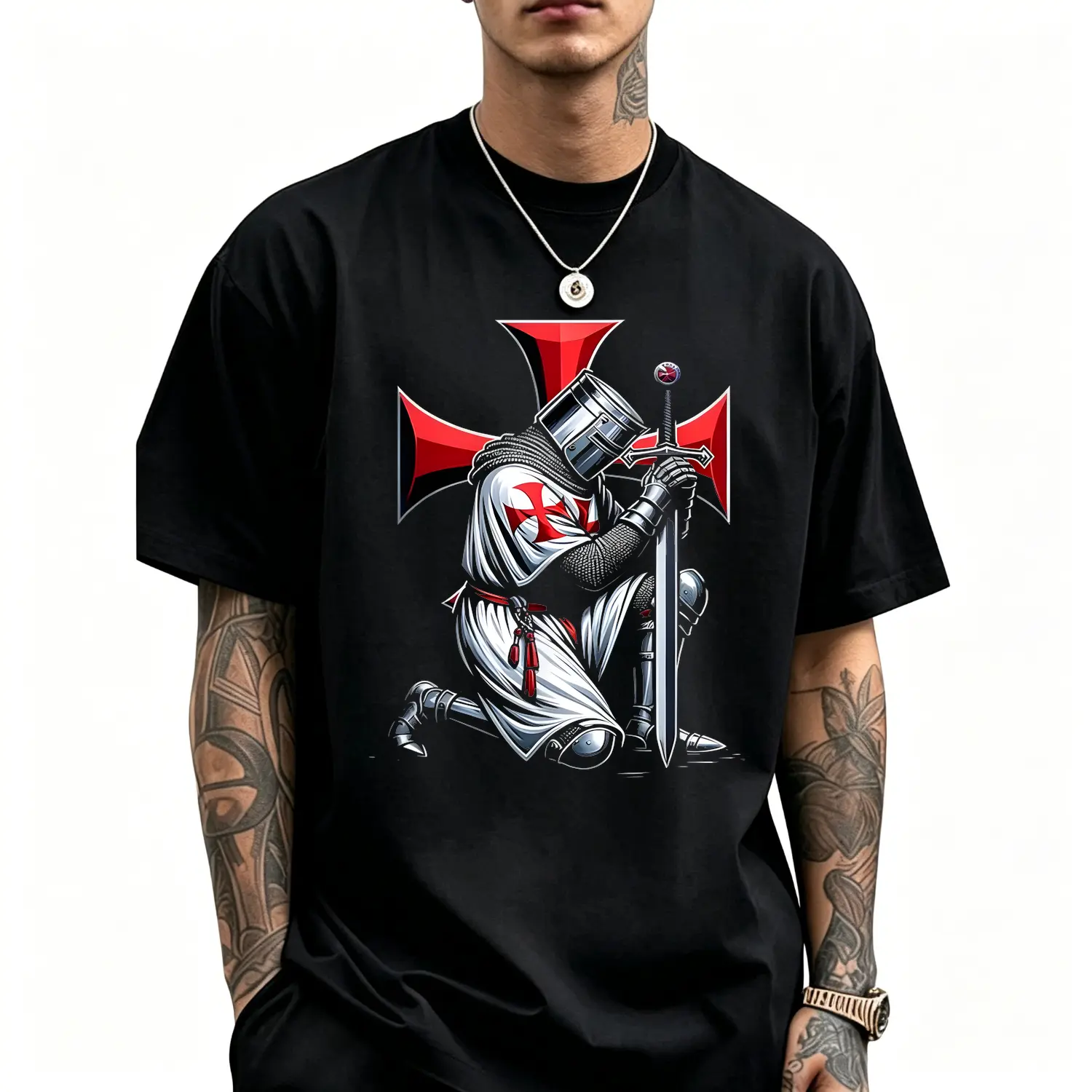 Mens Knight Templar Christian Warrior Crusader Cotton T Shirt Casual Crew Neck Tee with Bold Cross and Armor Print Ideal for Holiday and Everyday Wear