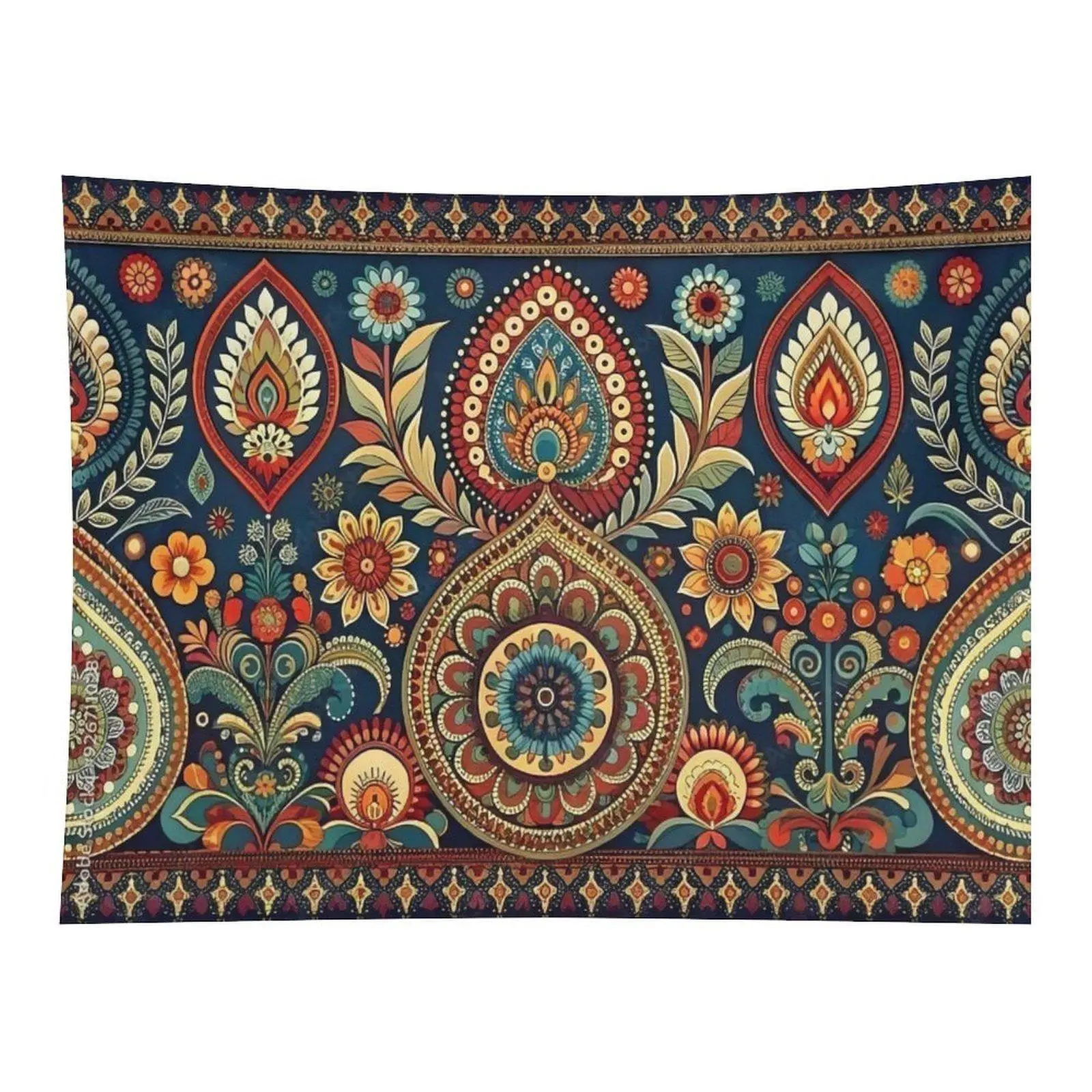 Dark Teal Indian Paisley Floral Ethnic Seamless Wall Tapestry Wall Hanging, Vintage Bohemian Folk Flower Mandala Rug Pattern Decor for Boho Maximalist Bedroom Dorm Backdrop