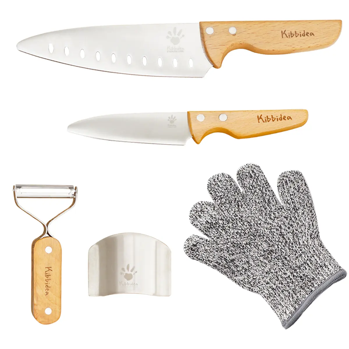 Kibbidea Kids Knife Set 4-Pieces, Stainless Steel Kids Chef Knife Set with Wooden Handle, Kids Friendly Chef Knife for Cutting, BPA-free Kitchen Knives for Kids