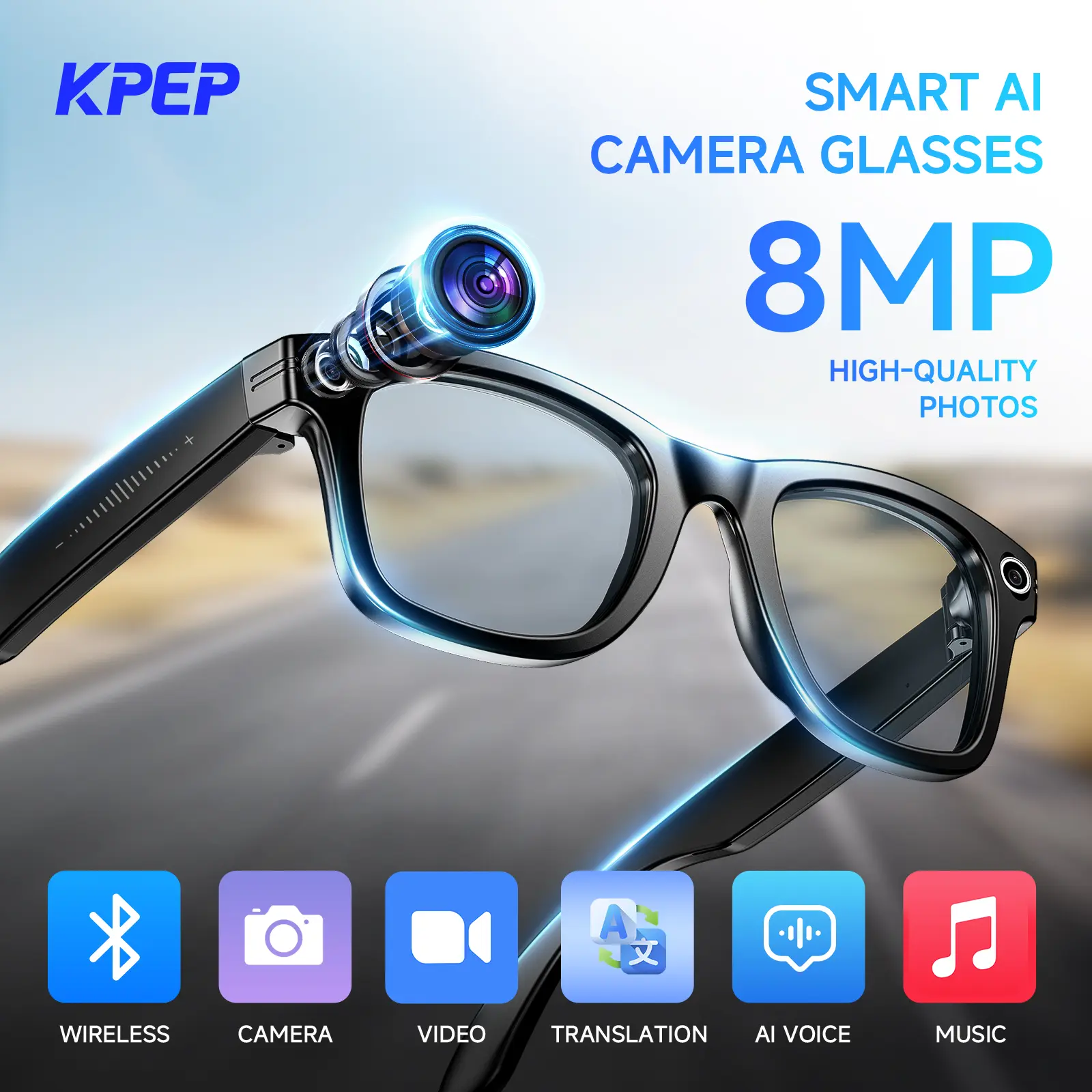 KPEP Multifunction Smart Glasses - 8MP Photochromic Lenses, Button Touch Adjustment, Waterproof, Dustproof, Chargeable, Hands-Free Photography/Vlogging, Real-Time 160+ Language Translation, Bluetooth Wireless Wearable for Travel Outdoor Adventures, Water