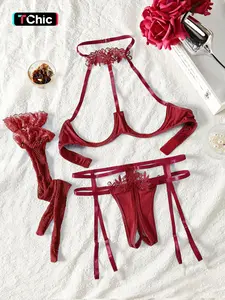 Christmas Sexy Lingerie Set, Backless Contrast Lace Design, Fitted Satin Thin Fabric, Perfect for Halloween & Christmas Celebrations
