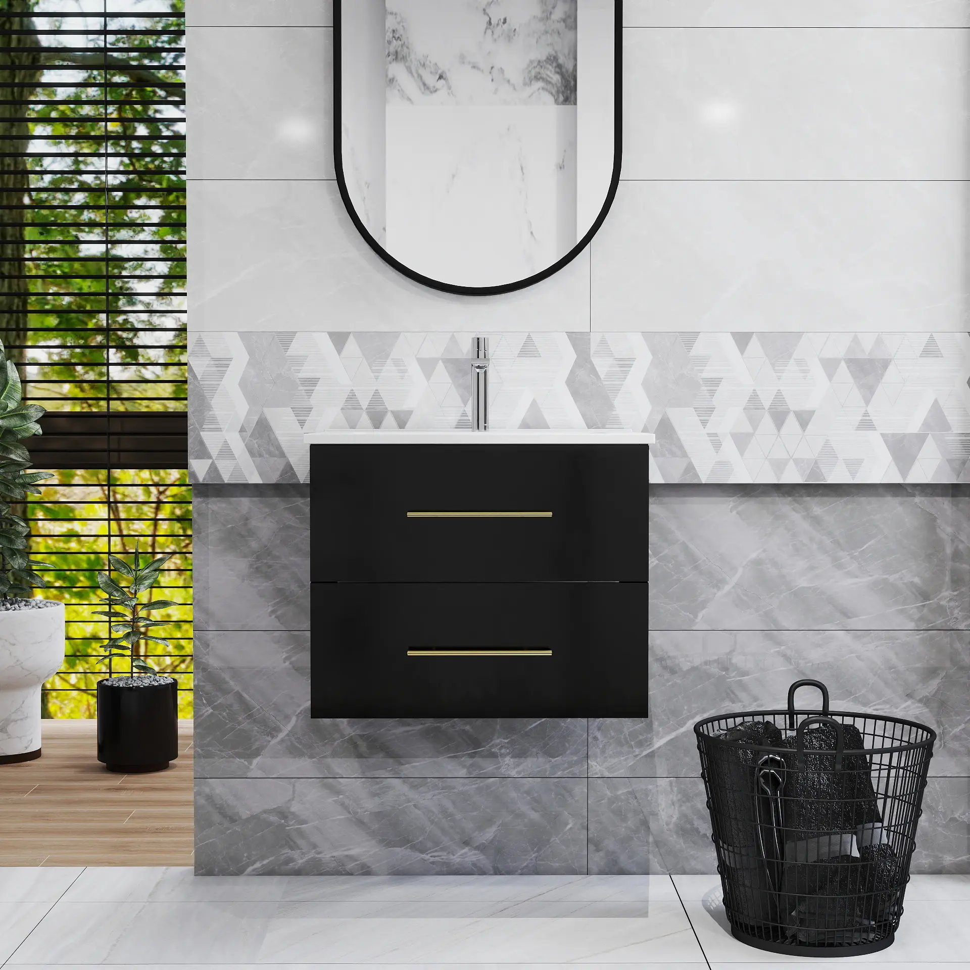 24-Inch Wall-Mounted Bathroom Vanity with Ceramic Sink, 2 Storage Drawers, Gold Metal Handles and MDF Cabinet, Black or Glossy White