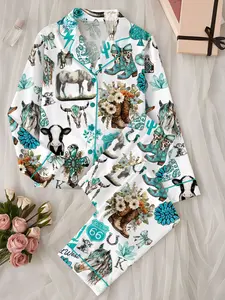 Western Cowgirl Pajama Set, Cowgirl Aesthetic Pajama Satin Set Turquoise Horses, Boots & Cactus Satin Pajamas
