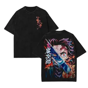 Kamado Tanjiro Akaza Upper Moon Rank 3 Infinity Castle Demon Slayer Kimetsu No Yaiba Anime Double Printed Acid Washed T-Shirt Soft Graphic Tee American Made 100% Cotton S-5XL casual streetwear menswear streetwear graphic tee
