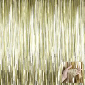 4 Pack Light Gold Foil Backdrop, 3.28Ft x 6.56Ft Metallic Tinsel Foil Streamers Curtains for Photo Booth, Wedding, Thanksgiving, Birthday, Christmas, Halloween Decoration