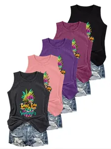 Women's Cartoon Pineapple Print Round Neck Tank Top, Casual Sleeveless Top for Daily Wear, Ladies Clothes for All Seasons