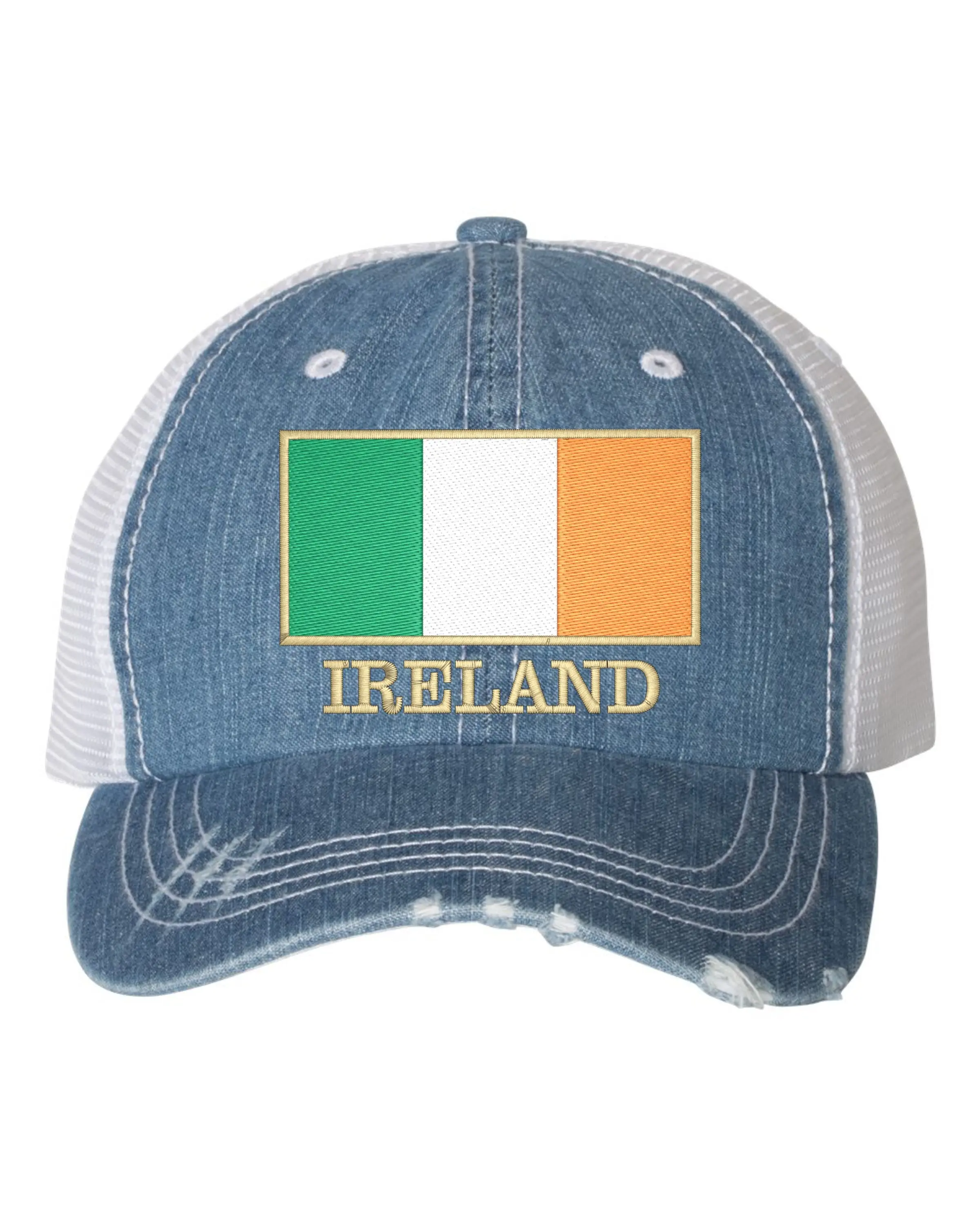 Ireland Flag With Classy Gold Trim Irish Pride Embroidered Distressed Trucker Cap