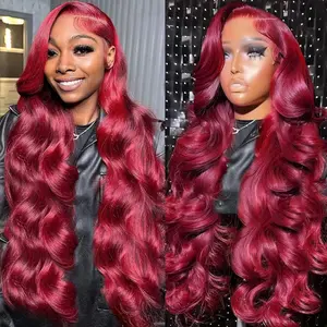 QUANDIAN 99J Burgundy Colored 13x4 HD Lace Front Wigs Human Hair Body Wave Red Wig 180 Density Wine Red Lace Front Human Hair Wigs for Women Springtok