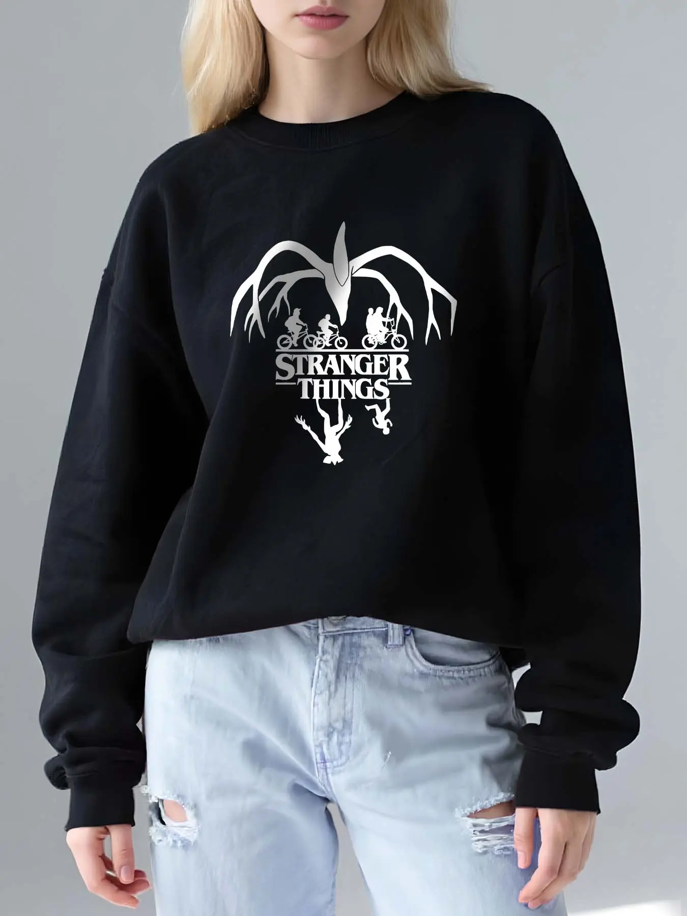 Stranger Things Monster Geometric Letter Print Sexy Holiday Casual Fleece Round Neck Sweatshirt, Fall & Winter New Pullover