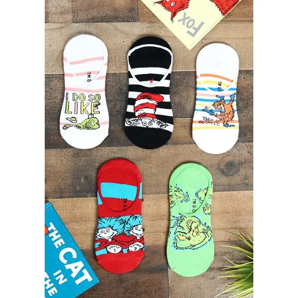 Dr. Seuss No Show Socks for Adults, 5-Pack Officially Licensed Graphic Prints, Acrylic Spandex Blend for Sneakers