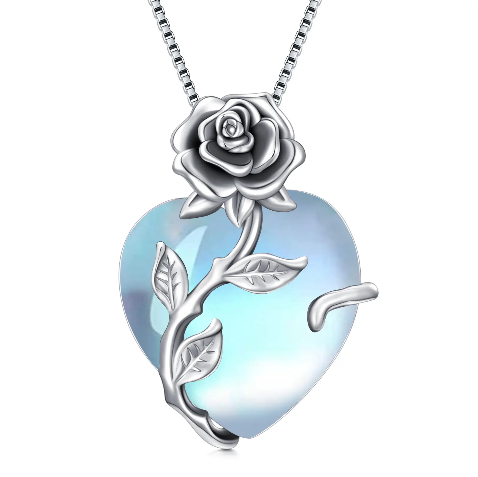 TOUPOP S925 Sterling Silver Heart Shaped Necklace, Exquisite Trendy Moonstone Rose Flower Pendant, June Birthstone Jewelry Gift for Women for Valentine's Day Birthday Anniversary, Exquisite Trendy Pendant