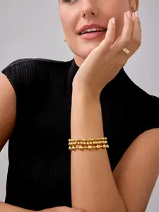 Waterproof Beaded Bracelet Pack for Women - 14K Gold Plated 3-Piece Stretchy Bracelet Set - Stainless Steel Ball Trio Bracelet Stack