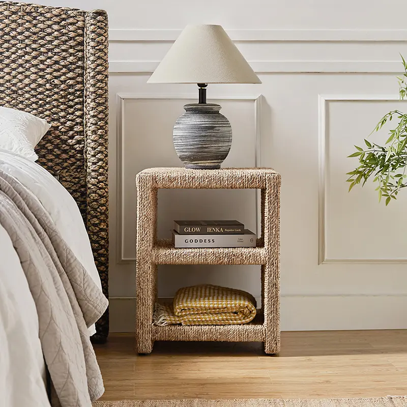 Hulala Burkhard 24" Coastal Rattan Side Table with Grass Rope Detailing, 2-Tier Open Storage, Beach House Style Nightstand,Living Room,Bedroom