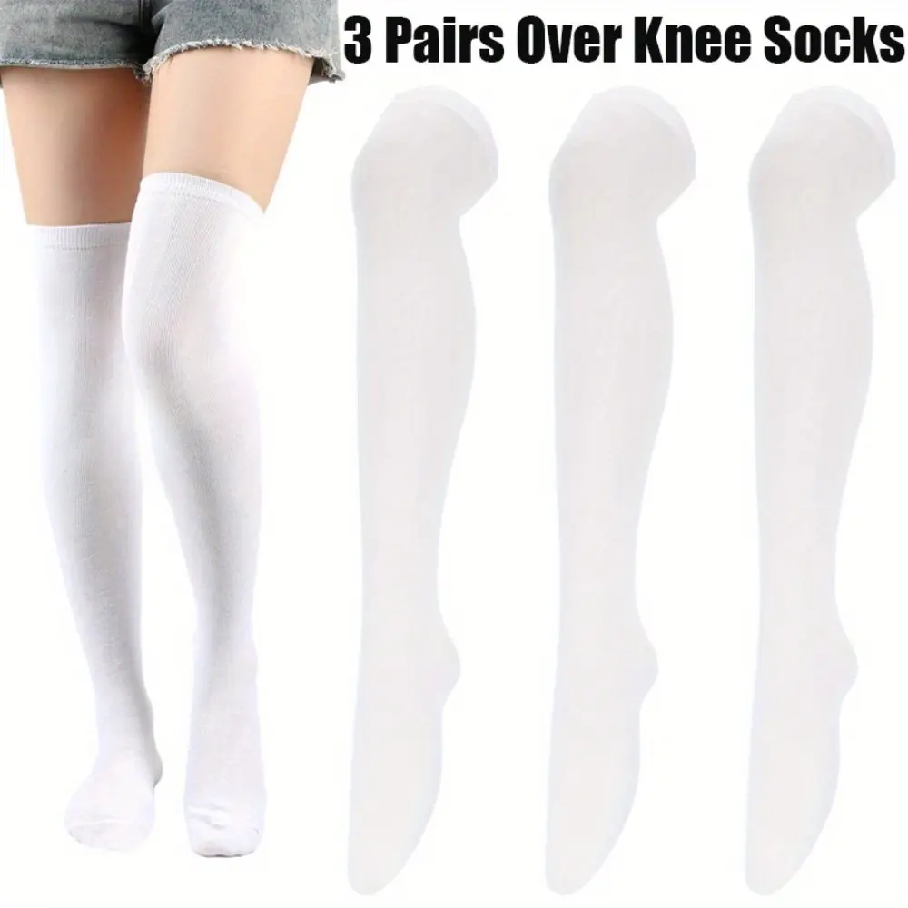 Women's Soft Comfortable Cotton Breathable Lightweight Solid White Over-Knee Thigh High Socks - Pack of 3, Wrap Design Stockings, Fits Women, Ideal for Party, Festival, Christmas, Cosplay, Warm Fashion Apparel