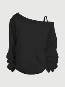 Women's 2 Pack One Shoulder Long Sleeve Tops 2026 Trendy Y2K Ruched Sleeve Asymmetrical Neck Blouses Casual Loose Fit Going Out Tops for Fall Winter Streetwear Party Aesthetic Soft Comfy Off Shoulder Tops with Adjustable Strap for Teen Girls