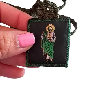 San Judas Tadeo Virgen de Guadalupe Escapulario Doble Vista Embroidery with Green Fabric and Rope Attachment